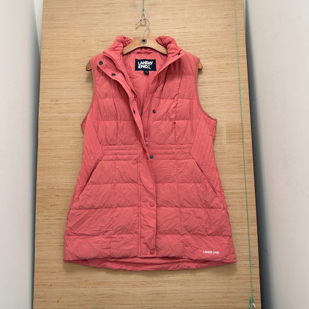Lands End Womens Coral Pink Quilted Puffer Vest Detachable Hood Size M 10-12
